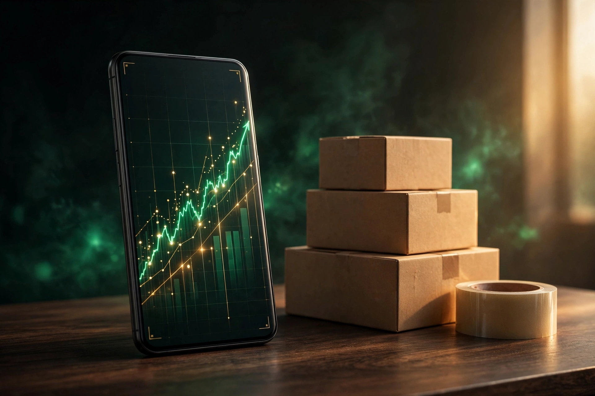 Smartphone showing FlipTally profit analytics on a packing desk