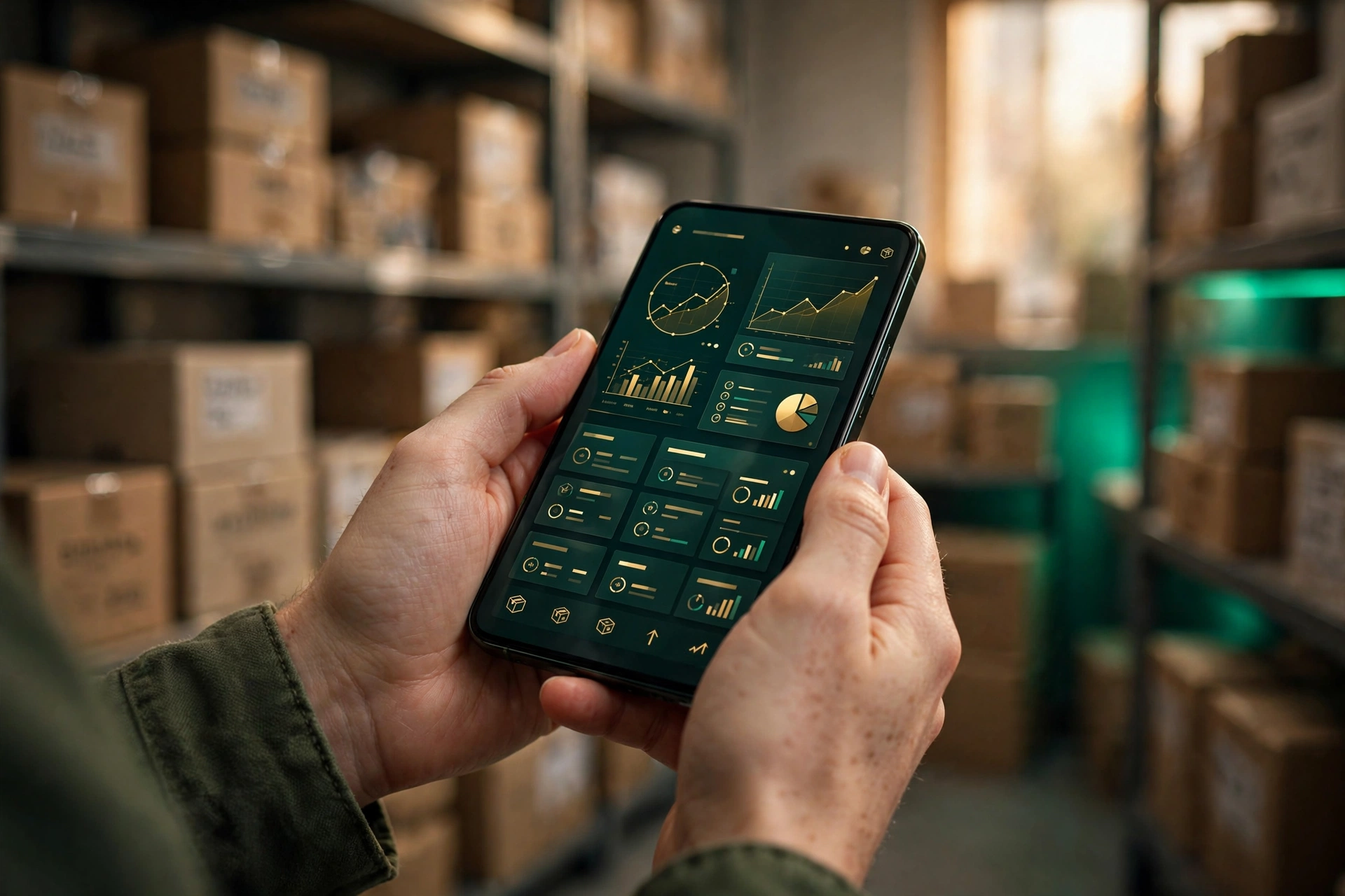 Hands holding a phone with the FlipTally app in a warehouse aisle