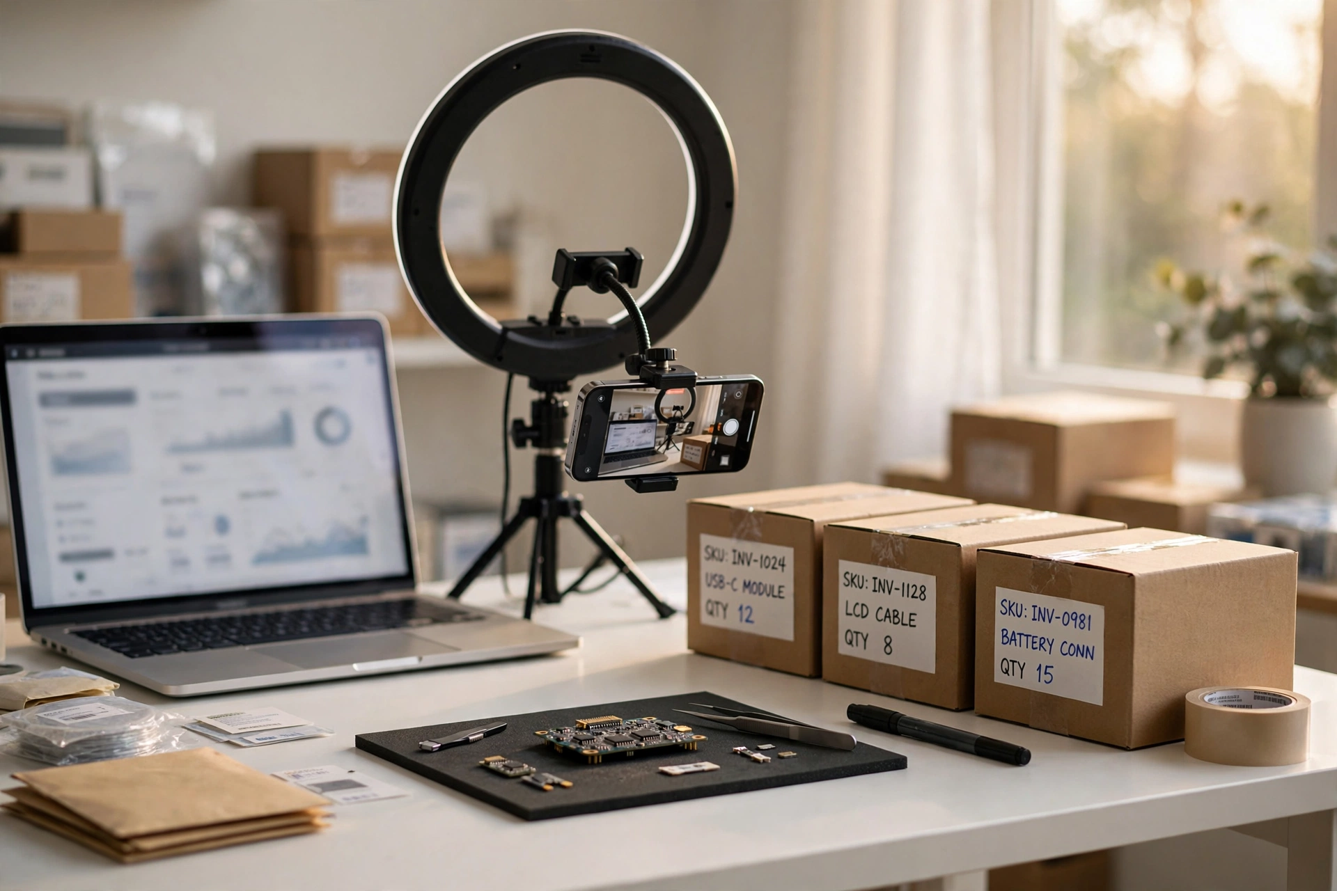 A reseller's listing desk with labeled inventory