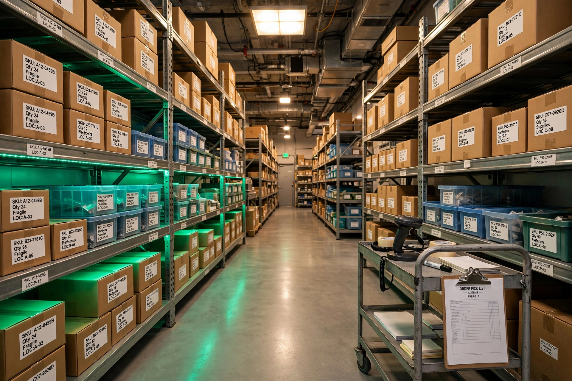 Organized warehouse shelves with labeled boxes